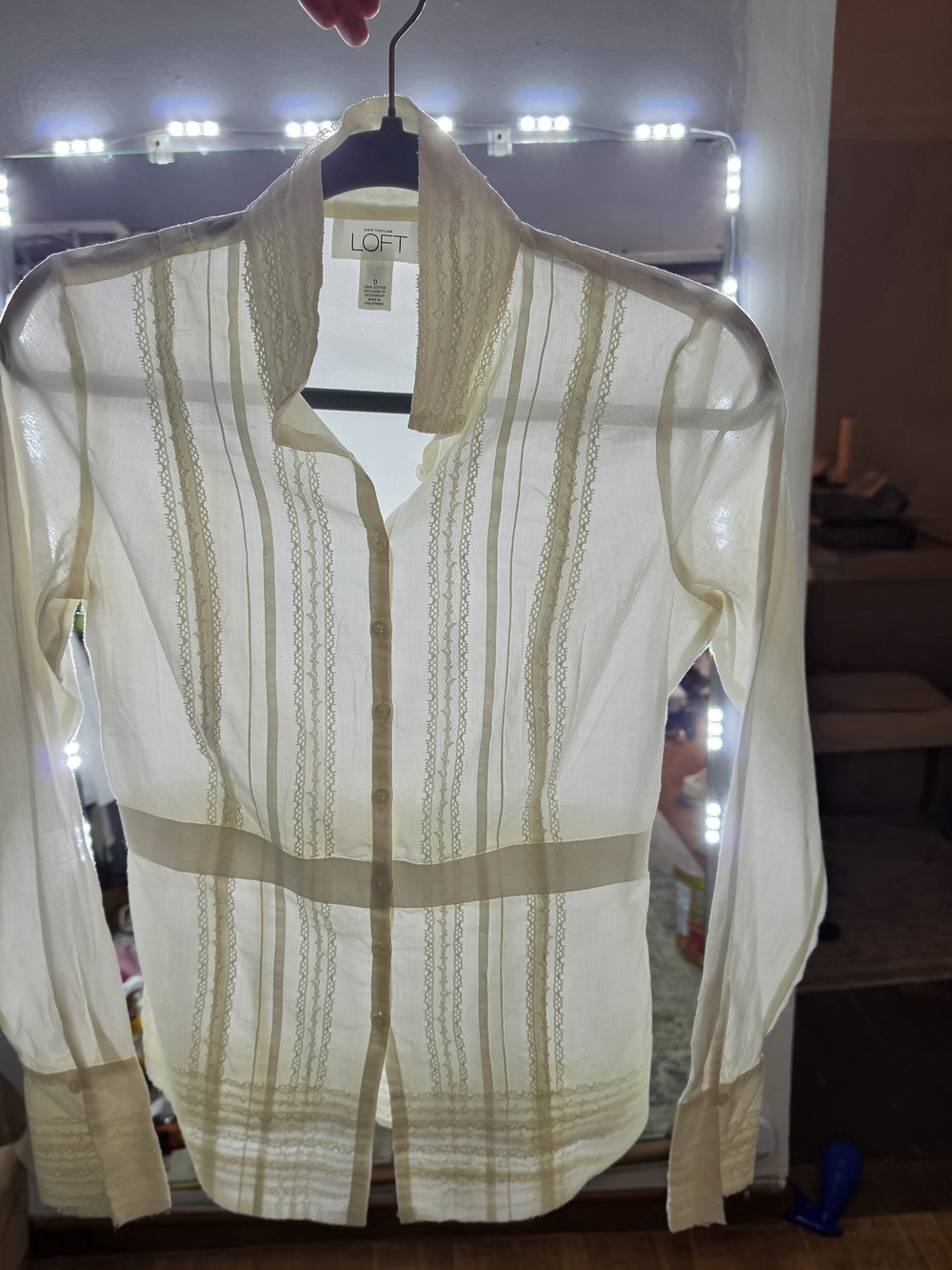 LOFT Cream Sheer Lace-Trim Button-Down Shirt